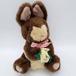 VTG Commonwealth Bunny Plush 8" Brown Flower Bouqet Plaid Bow Stuffed Animal Toy